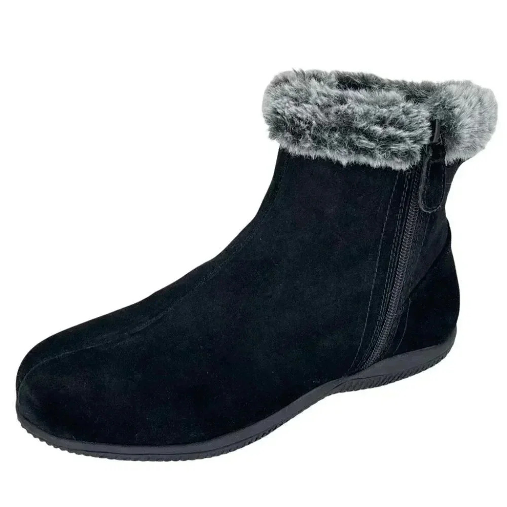 SoftWalk Black Ankle Boots with Gray Fur Trim